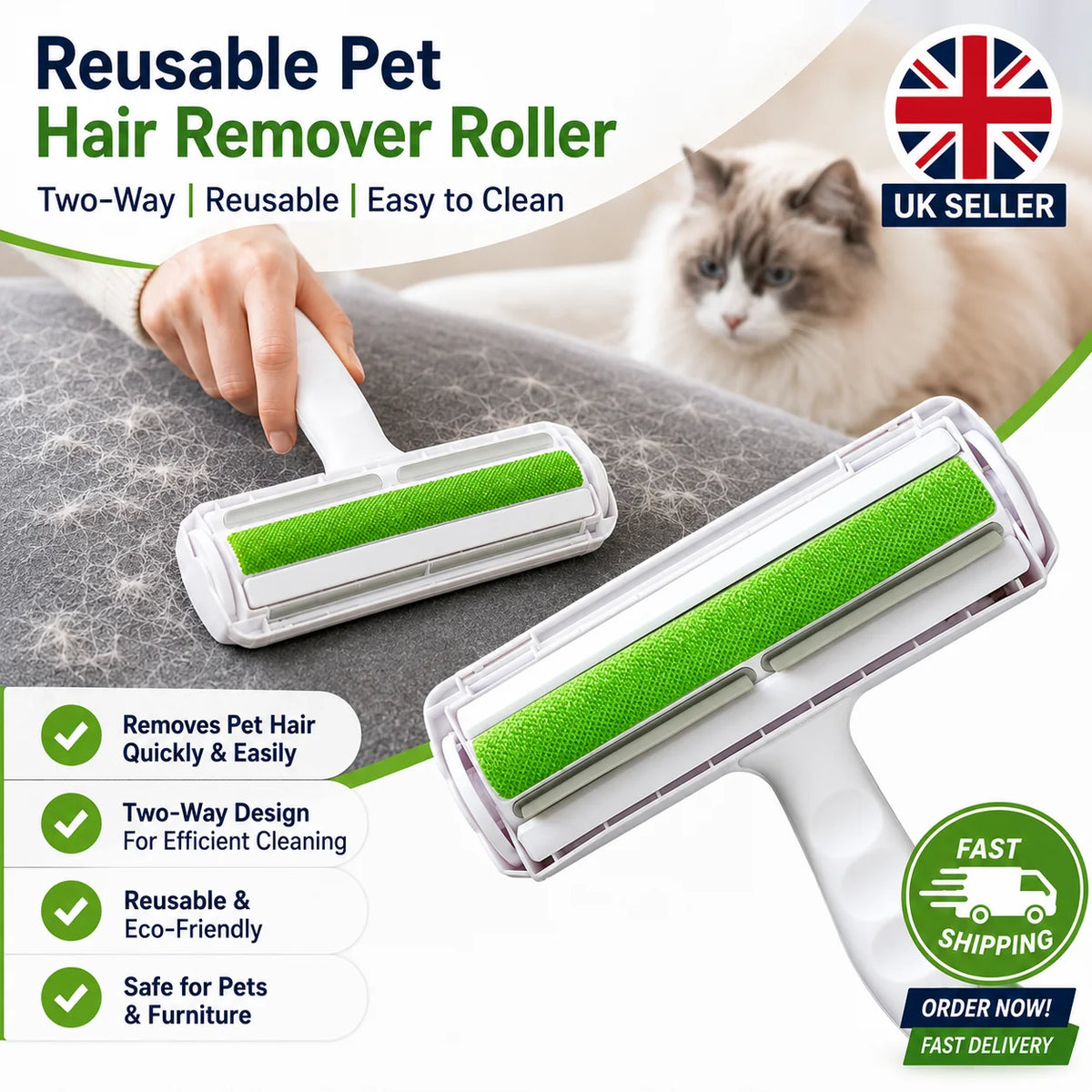 Reusable Two-Way Pet Hair Remover Roller | Double-Sided Lint & Fur Cleaning Roller